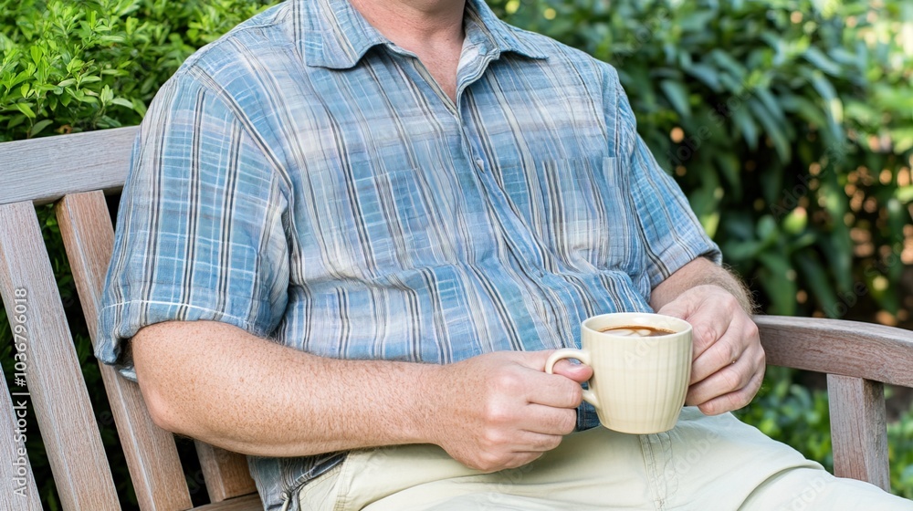 Middle-aged man with slight tremor holding cup of coffee on park bench, symbolizing struggle with Parkinson's disease, calm natural setting. Middle-aged man with slight tremor holding cup of coffee on park bench, symbolizing struggle with Parkinson's disease, calm natural setting.