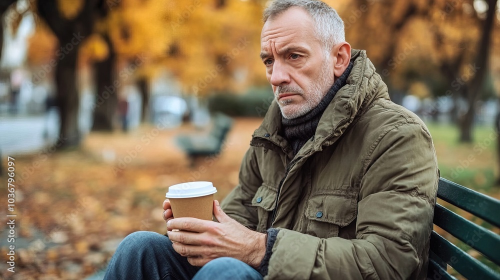 Middle-aged man with slight tremor holding cup of coffee on park bench, symbolizing struggle with Parkinson's disease, calm natural setting. Middle-aged man with slight tremor holding cup of coffee on park bench, symbolizing struggle with Parkinson's disease, calm natural setting.
