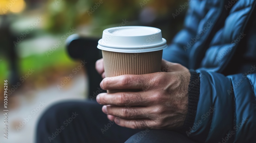 Middle-aged man with slight tremor holding cup of coffee on park bench, symbolizing struggle with Parkinson's disease, calm natural setting. Middle-aged man with slight tremor holding cup of coffee on park bench, symbolizing struggle with Parkinson's disease, calm natural setting.