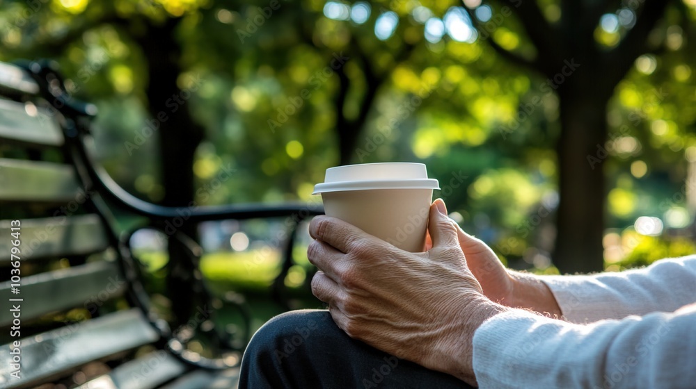 Middle-aged man with slight tremor holding cup of coffee on park bench, symbolizing struggle with Parkinson's disease, calm natural setting. Middle-aged man with slight tremor holding cup of coffee on park bench, symbolizing struggle with Parkinson's disease, calm natural setting.