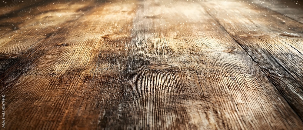 Naklejka premium A beautifully textured wooden floor with warm tones, showcasing natural grains and a hint of dust, creating a cozy and inviting atmosphere.
