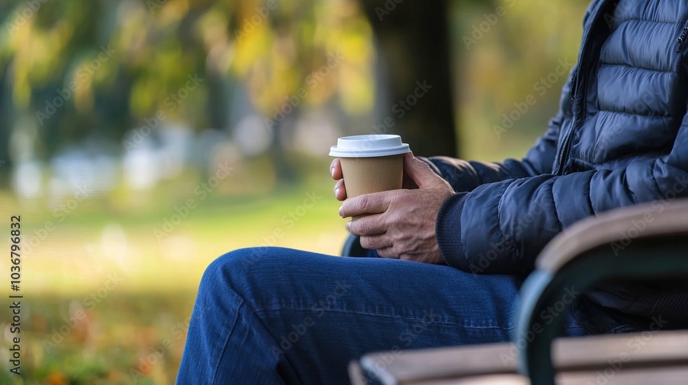 Middle-aged man with slight tremor holding cup of coffee on park bench, symbolizing struggle with Parkinson's disease, calm natural setting. Middle-aged man with slight tremor holding cup of coffee on park bench, symbolizing struggle with Parkinson's disease, calm natural setting.