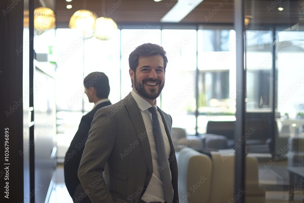An image captures a businessman standing in a lounge, smiling as he engages with others in a relaxed and sophisticated atmosphere. An image captures a businessman standing in a lounge, smiling as he engages with others in a relaxed and sophisticated atmosphere.