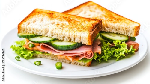 A toasted sandwich filled with lettuce, ham, and cucumber on a white plate.