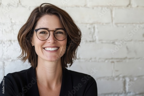 A businesswoman poses confidently with a professional demeanor, showcasing a warm smile that reflects her expertise and approachability.