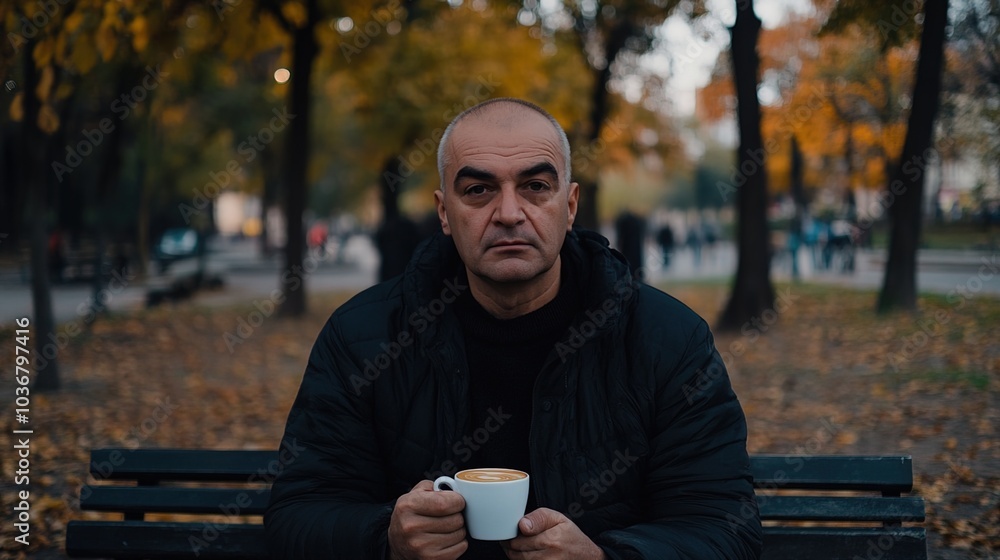Middle-aged man with slight tremor holding cup of coffee on park bench, symbolizing struggle with Parkinson's disease, calm natural setting. Middle-aged man with slight tremor holding cup of coffee on park bench, symbolizing struggle with Parkinson's disease, calm natural setting.
