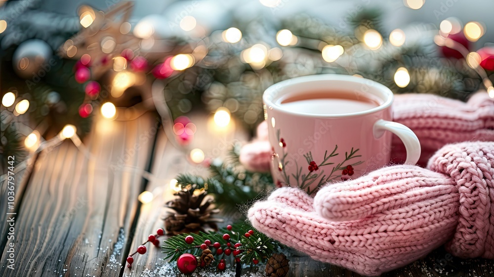 A cozy winter scene with pink knitted gloves, a cup of tea surrounded by fairy lights A cozy winter scene with pink knitted gloves, a cup of tea surrounded by fairy lights