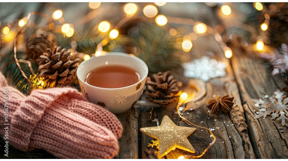 A cozy winter scene with pink knitted gloves, a cup of tea surrounded by fairy lights A cozy winter scene with pink knitted gloves, a cup of tea surrounded by fairy lights