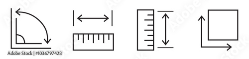 Line icons about length, weight and volume. Contains such icons as ruler, m2, area and more