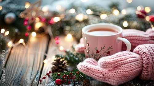 A cozy winter scene with pink knitted gloves, a cup of tea surrounded by fairy lights