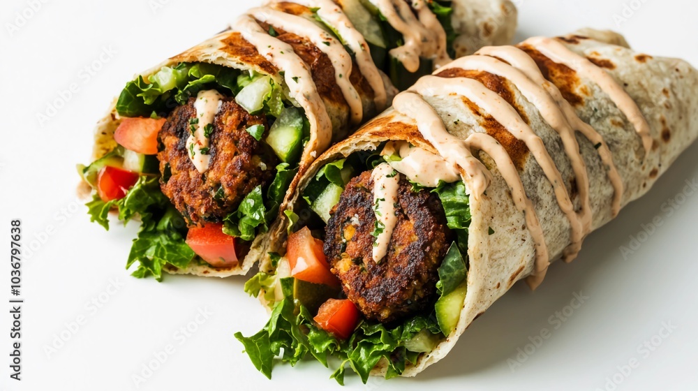 Falafel Wrap, A pita stuffed with falafel, hummus, and fresh vegetables, garnished with tahini sauce Falafel Wrap, A pita stuffed with falafel, hummus, and fresh vegetables, garnished with tahini sauce