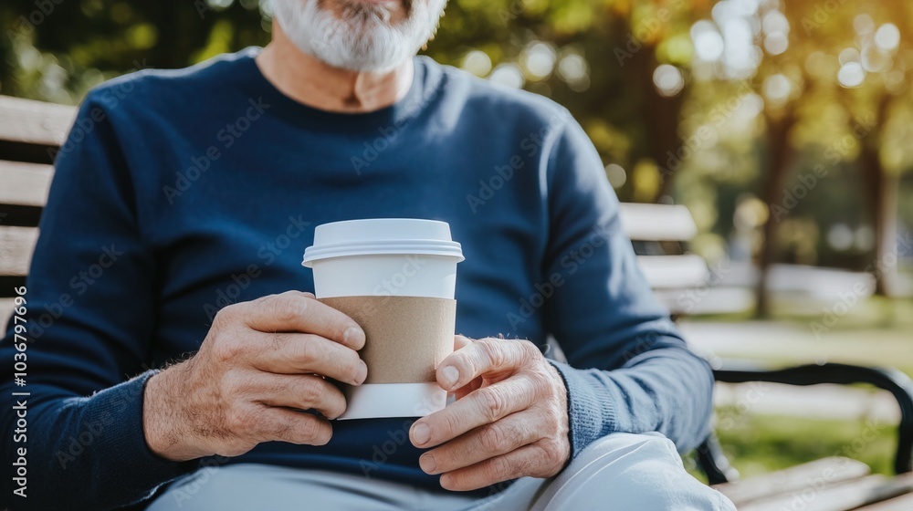 Middle-aged man with slight tremor holding cup of coffee on park bench, symbolizing struggle with Parkinson's disease, calm natural setting. Middle-aged man with slight tremor holding cup of coffee on park bench, symbolizing struggle with Parkinson's disease, calm natural setting.