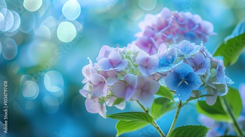 Vibrant hawaiian hydrangeas with morning dew set against a dreamy blue background