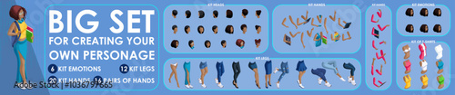 Isometric Woman Black characters constructor for designed. Set various action N2. Set of Students personages flat style illustration