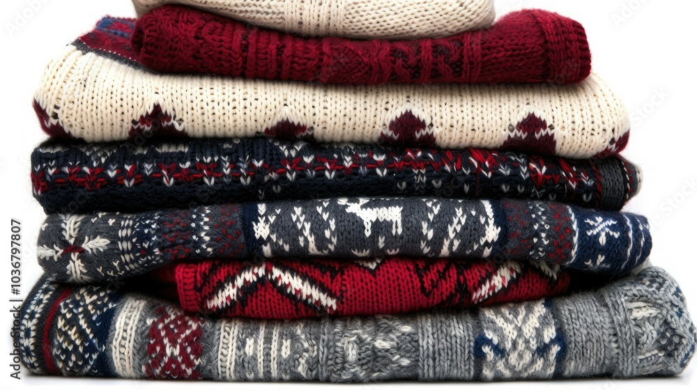 A stack of sweater designs with Christmas patterns A stack of sweater designs with Christmas patterns