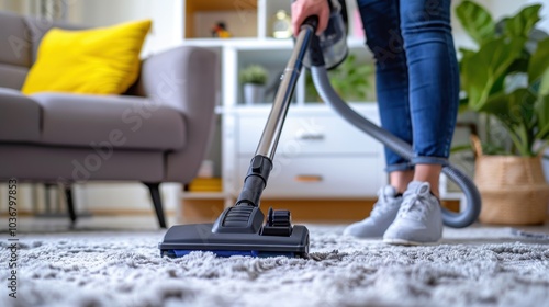 Female using a vacuum cleaner on a carpet in a living space, focusing on hygiene and housekeeping practices during spring cleaning