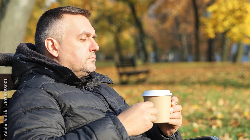 Middle-aged man with slight tremor holding cup of coffee on park bench, symbolizing struggle with Parkinson's disease, calm natural setting. Middle-aged man with slight tremor holding cup of coffee on park bench, symbolizing struggle with Parkinson's disease, calm natural setting.