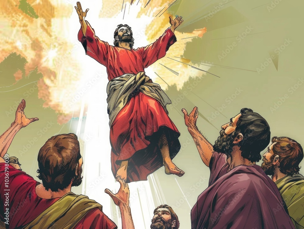Fototapeta premium Jesus Christ rises into the heavens, surrounded by brilliance, as his disciples gaze in awe during this transformative moment in history.