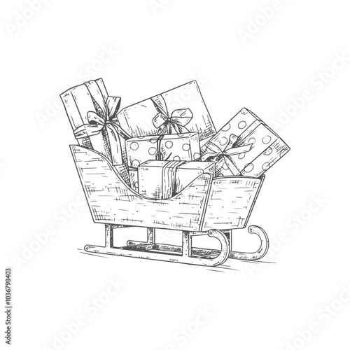 Christmas wooden sleigh with gifts
