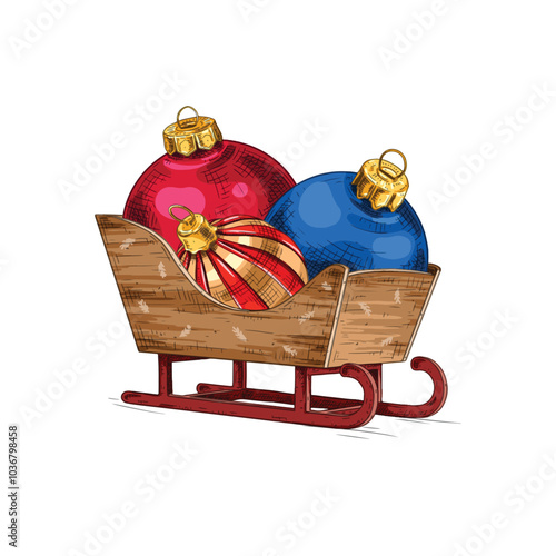 Christmas wooden sleigh with colorful Christmas tree balls