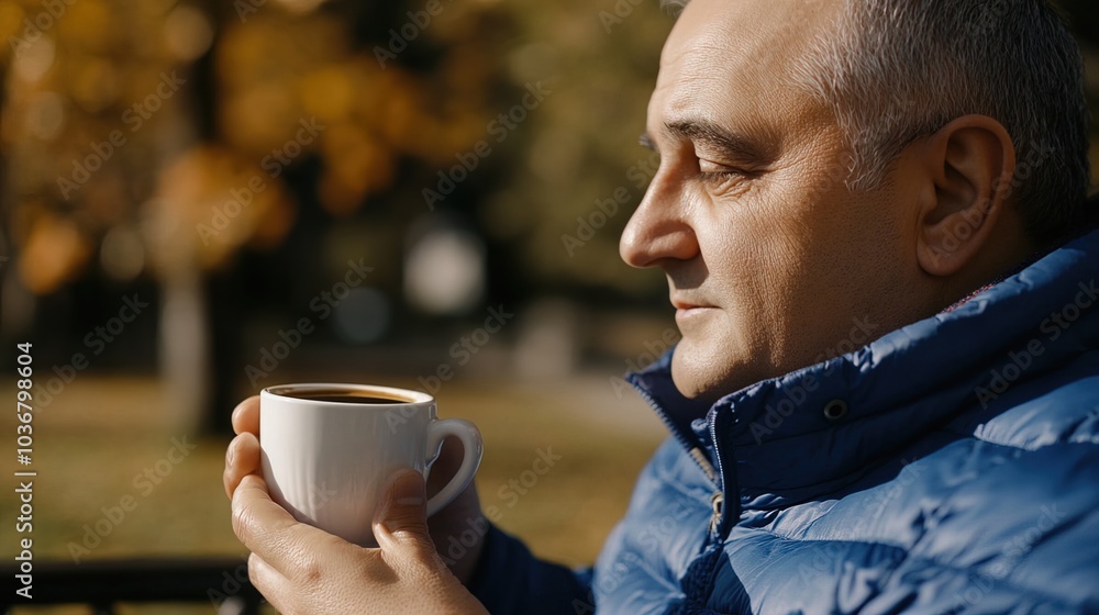 Middle-aged man with slight tremor holding cup of coffee on park bench, symbolizing struggle with Parkinson's disease, calm natural setting. Middle-aged man with slight tremor holding cup of coffee on park bench, symbolizing struggle with Parkinson's disease, calm natural setting.