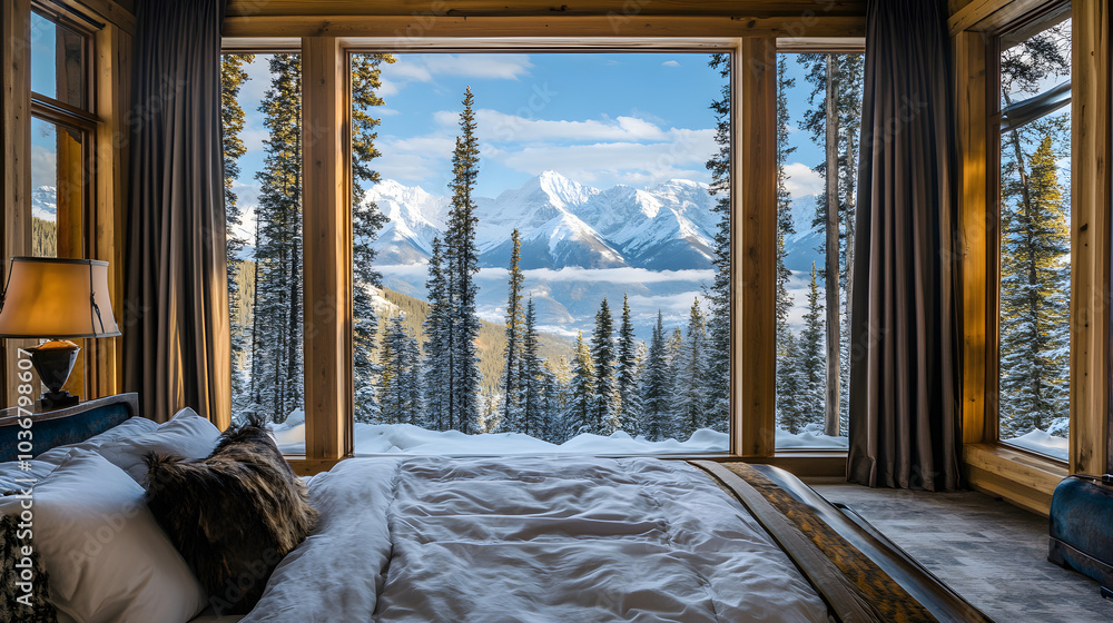 Cozy bedroom with spectacular alpine view of snow-covered peaks framed by large windows. Cozy bedroom with spectacular alpine view of snow-covered peaks framed by large windows.