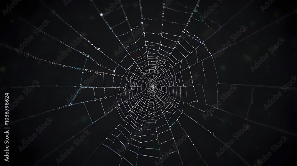 Naklejka premium Spider web silhouette against black wall, halloween theme dark background, abstract background of an intricate spider web with delicate, shimmering silver threads against a dark and misty backdrop.