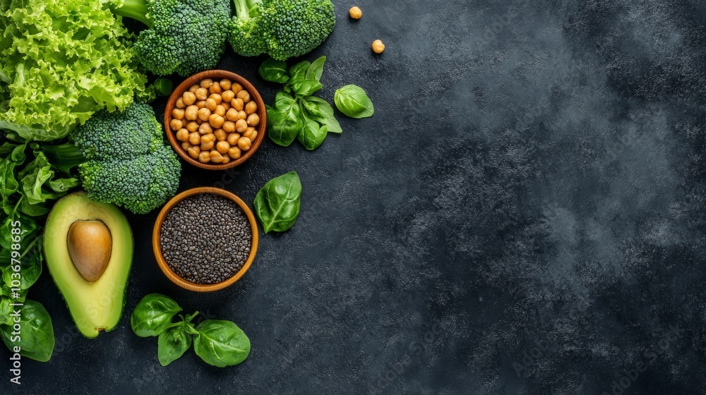 A vibrant assortment of fresh vegetables and legumes arranged on a dark surface. A vibrant assortment of fresh vegetables and legumes arranged on a dark surface.