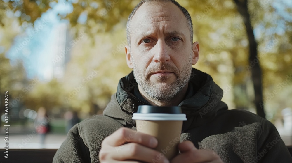 Middle-aged man with slight tremor holding cup of coffee on park bench, symbolizing struggle with Parkinson's disease, calm natural setting. Middle-aged man with slight tremor holding cup of coffee on park bench, symbolizing struggle with Parkinson's disease, calm natural setting.