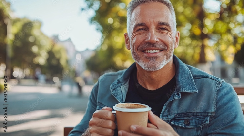 Middle-aged man with slight tremor holding cup of coffee on park bench, symbolizing struggle with Parkinson's disease, calm natural setting. Middle-aged man with slight tremor holding cup of coffee on park bench, symbolizing struggle with Parkinson's disease, calm natural setting.