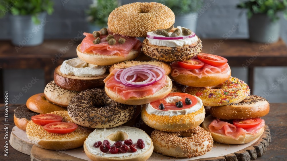 A colorful tower of bagels piled high, featuring various toppings and styles A colorful tower of bagels piled high, featuring various toppings and styles