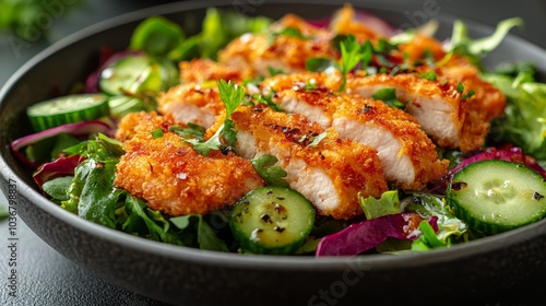 A vibrant bowl of crispy chicken salad with fresh vegetables and herbs.