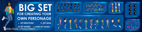 Isometric Woman Black characters constructor for designed N2. Presentation in various action. Set of Students personages flat style illustration