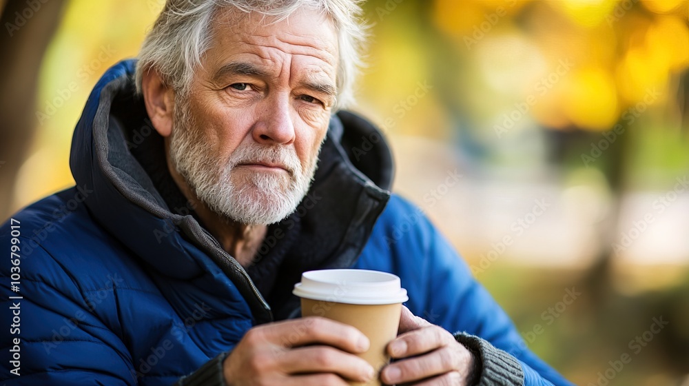 Middle-aged man with slight tremor holding cup of coffee on park bench, symbolizing struggle with Parkinson's disease, calm natural setting. Middle-aged man with slight tremor holding cup of coffee on park bench, symbolizing struggle with Parkinson's disease, calm natural setting.