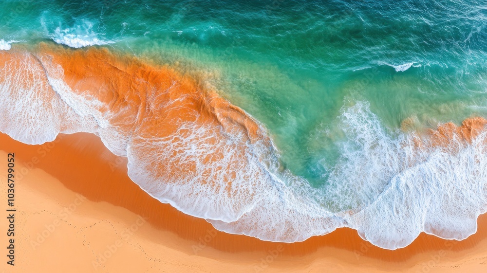Fototapeta premium Aerial view of ocean waves meeting sandy shore.