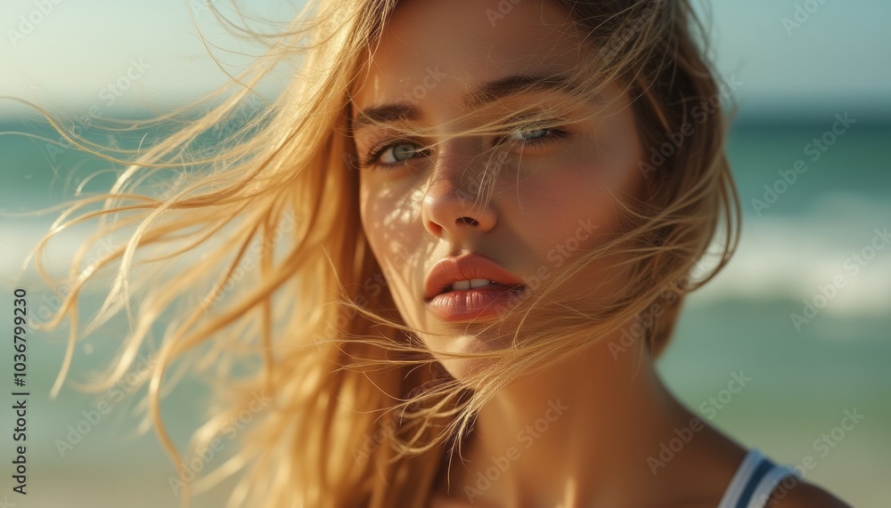 Fototapeta premium A beautiful blonde woman standing on a beach, her hair blowing in the wind, with the ocean in the background.