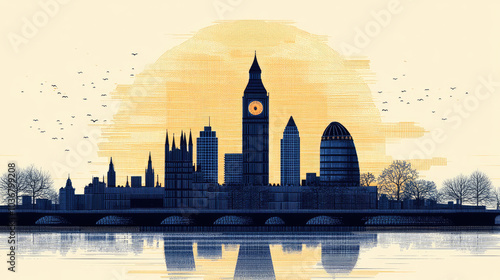 Stylized sunset illustration of London with Big Ben photo