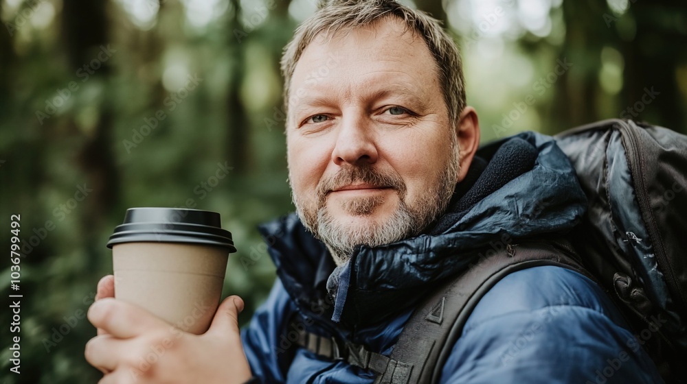 Middle-aged man with slight tremor holding cup of coffee on park bench, symbolizing struggle with Parkinson's disease, calm natural setting. Middle-aged man with slight tremor holding cup of coffee on park bench, symbolizing struggle with Parkinson's disease, calm natural setting.