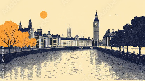 Stylized sunset illustration of London with Big Ben photo