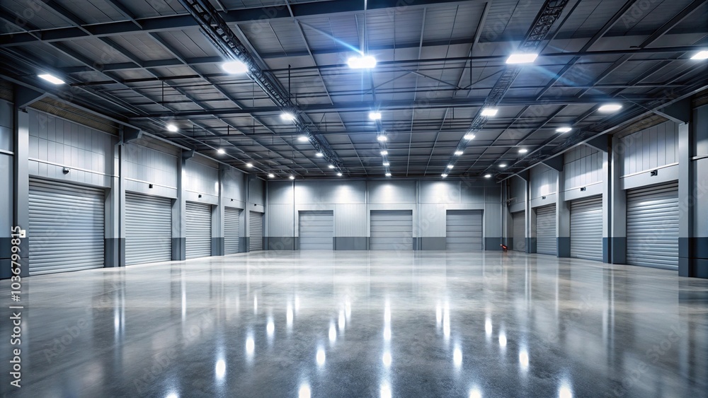 Night time garage with white lights reflected on concrete floor Night time garage with white lights reflected on concrete floor