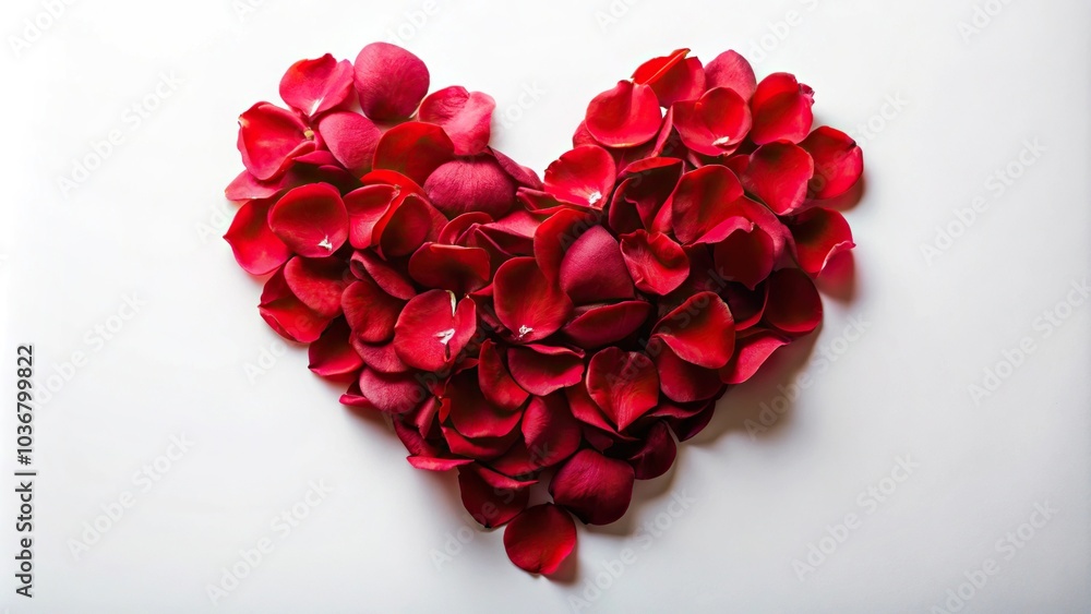 Macro romantic red rose petal heart on a white surface Macro romantic red rose petal heart on a white surface