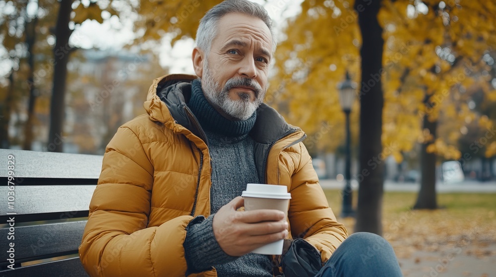 Middle-aged man with slight tremor holding cup of coffee on park bench, symbolizing struggle with Parkinson's disease, calm natural setting. Middle-aged man with slight tremor holding cup of coffee on park bench, symbolizing struggle with Parkinson's disease, calm natural setting.