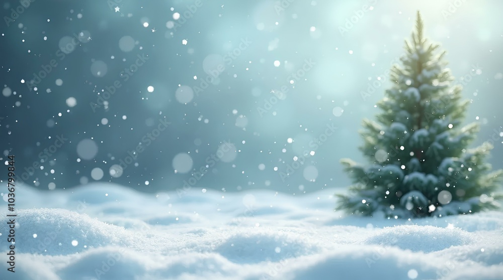 A spruce tree in a winter forest with delicate snow on its branches and a soft snowfall . For New Year, Christmas cards. Christmas banner background A spruce tree in a winter forest with delicate snow on its branches and a soft snowfall . For New Year, Christmas cards. Christmas banner background
