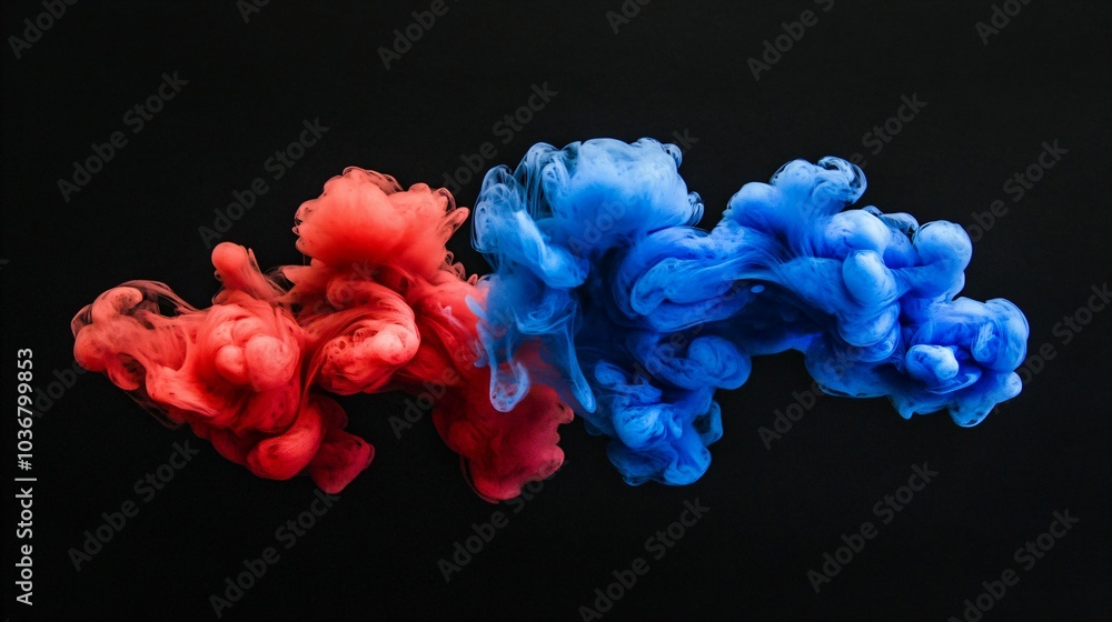 Acrylic blue and red colors in water. Ink blot. Abstract black background Acrylic blue and red colors in water. Ink blot. Abstract black background