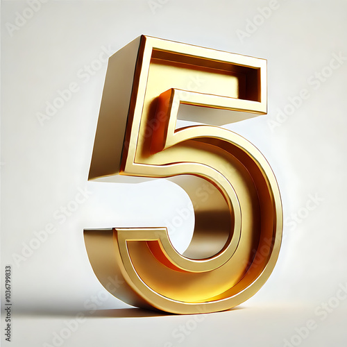 Create a 3D gold number '5', standing out prominently against a white background, Generative Ai