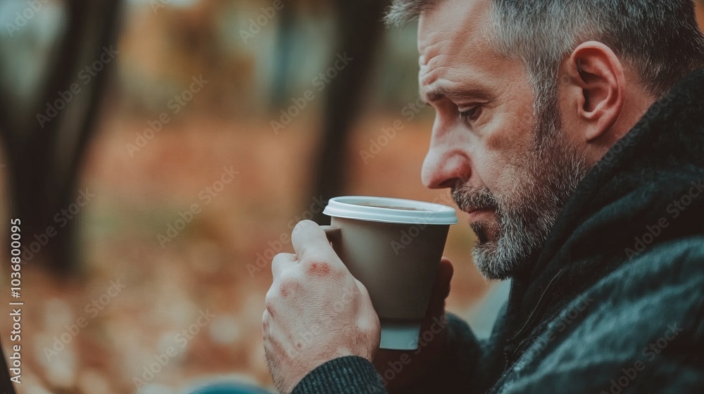 Middle-aged man with slight tremor holding cup of coffee on park bench, symbolizing struggle with Parkinson's disease, calm natural setting. Middle-aged man with slight tremor holding cup of coffee on park bench, symbolizing struggle with Parkinson's disease, calm natural setting.