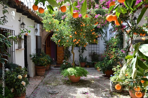 Charming Spanish Courtyard with Orange Tree and Flowers