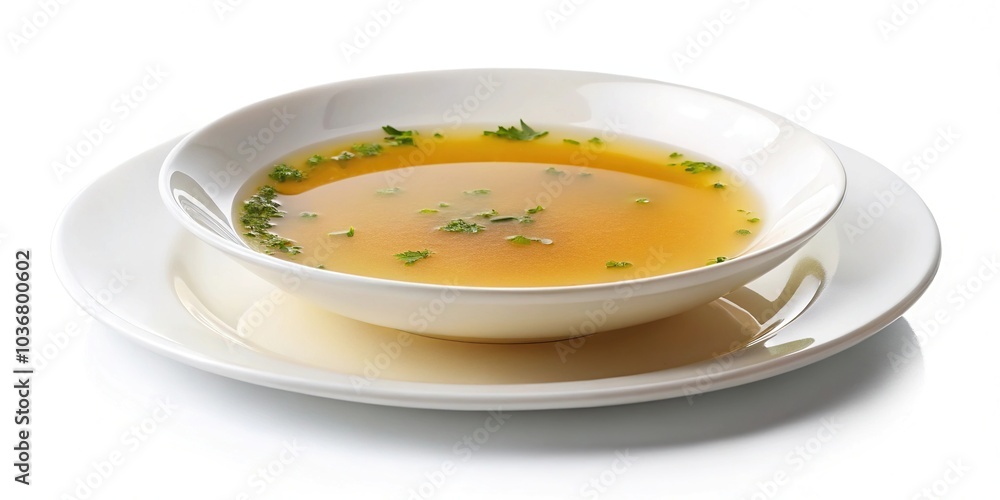 Plate of clear broth soup isolated on white background, low angle view Plate of clear broth soup isolated on white background, low angle view