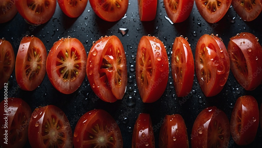 A perfectly sliced tomato with each slice floating one