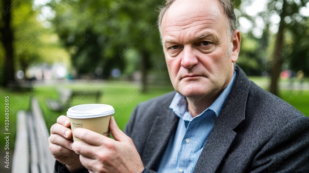 Middle-aged man with slight tremor holding cup of coffee on park bench, symbolizing struggle with Parkinson's disease, calm natural setting. Middle-aged man with slight tremor holding cup of coffee on park bench, symbolizing struggle with Parkinson's disease, calm natural setting.